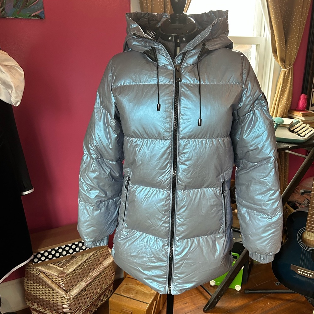 Michael Kors Shiny Light Blue Hooded Puffer Jacket